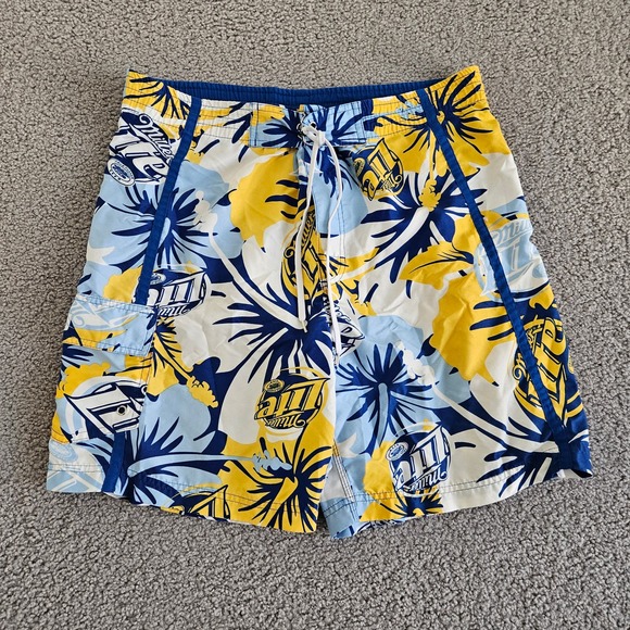Miller Lite Swim Shorts Mens 35* Blue Adjustable Waist Cargo Pocket Floral Print - Picture 1 of 7
